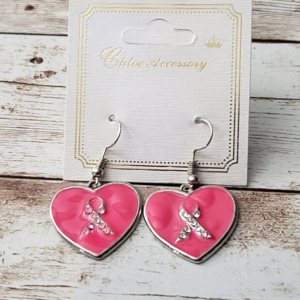 Chloe Accessory Dangle Earrings Breast Cancer Awareness Heart Ribbon Pink New